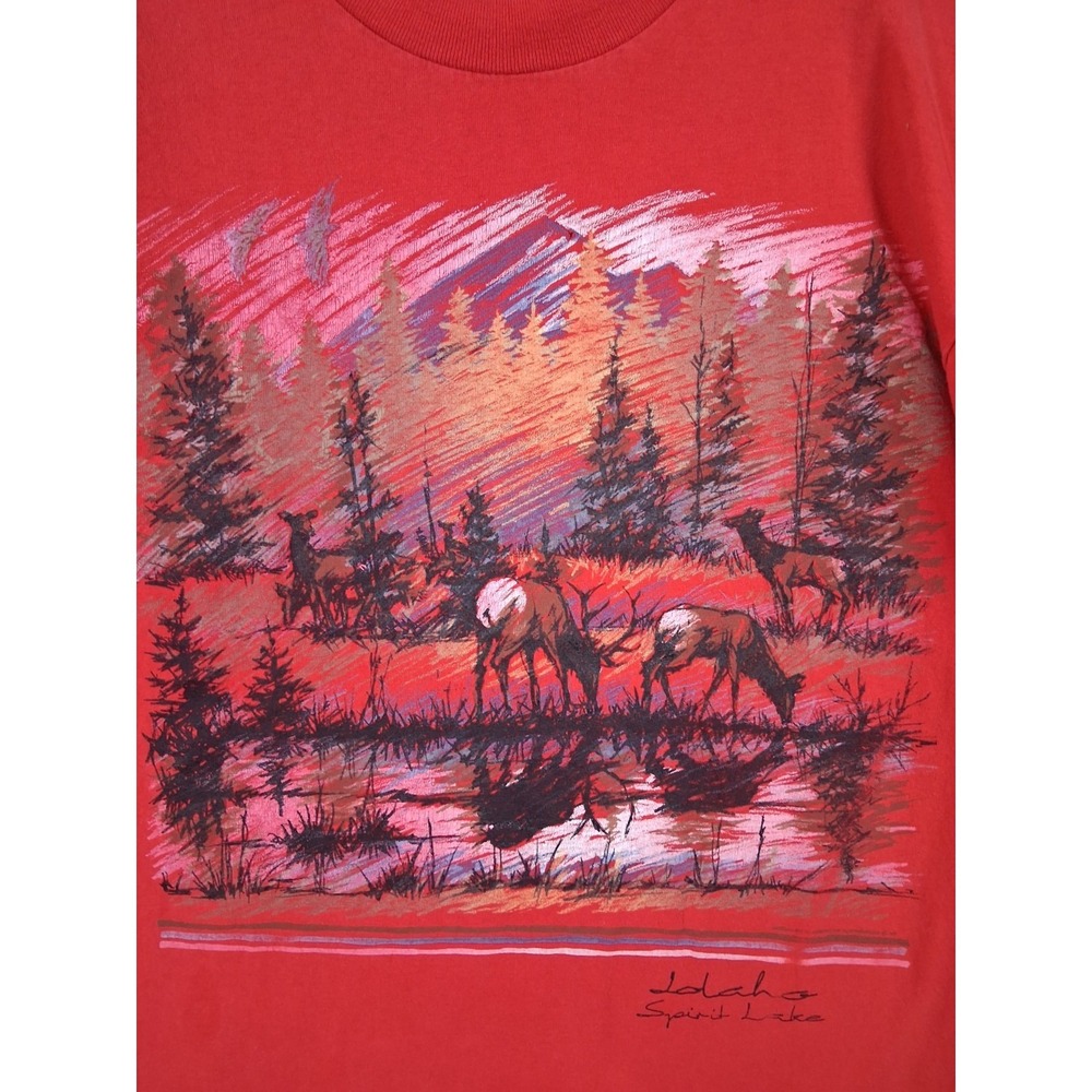 VTG Stedman Mens Shirt Large Red Spirit Lake Idaho‎ Elk Graphic Super Hi Cru